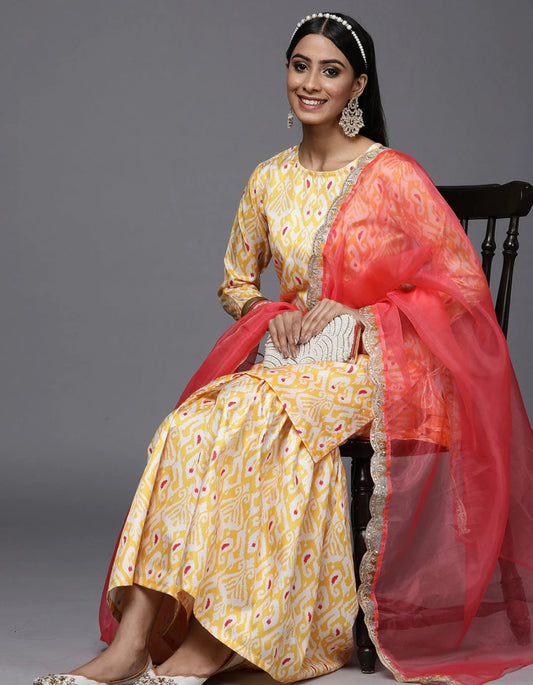 Kesariya Yellow Printed Straight Kurta Trouser With Dupatta Set