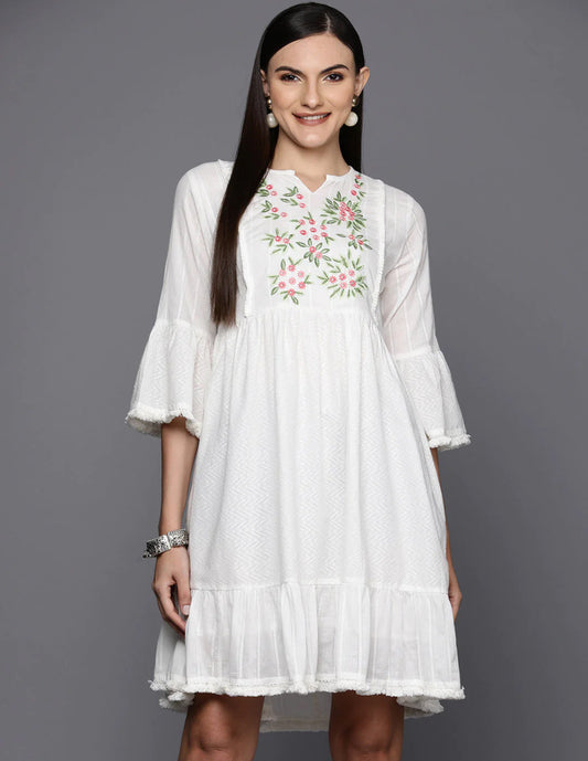 White Floral & Chevron Embroidered Gathered Detail A-Line Dress