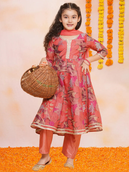 Girls Peach Floral Printed Kurta with Pant & Dupatta