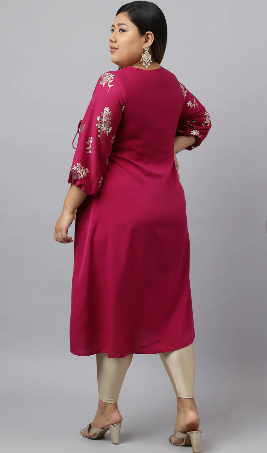 Magenta Poly Crepe Foil Floral Print Angrakha Kurta