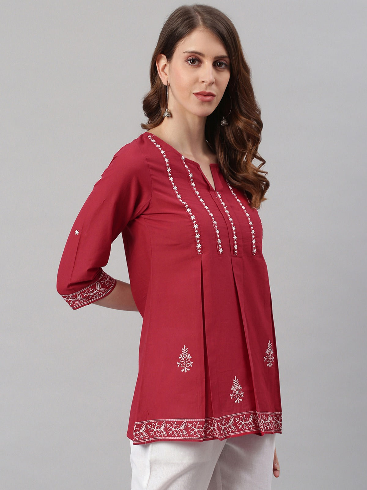 Women's Maroon Cotton Embroidered Trapeze Tunic