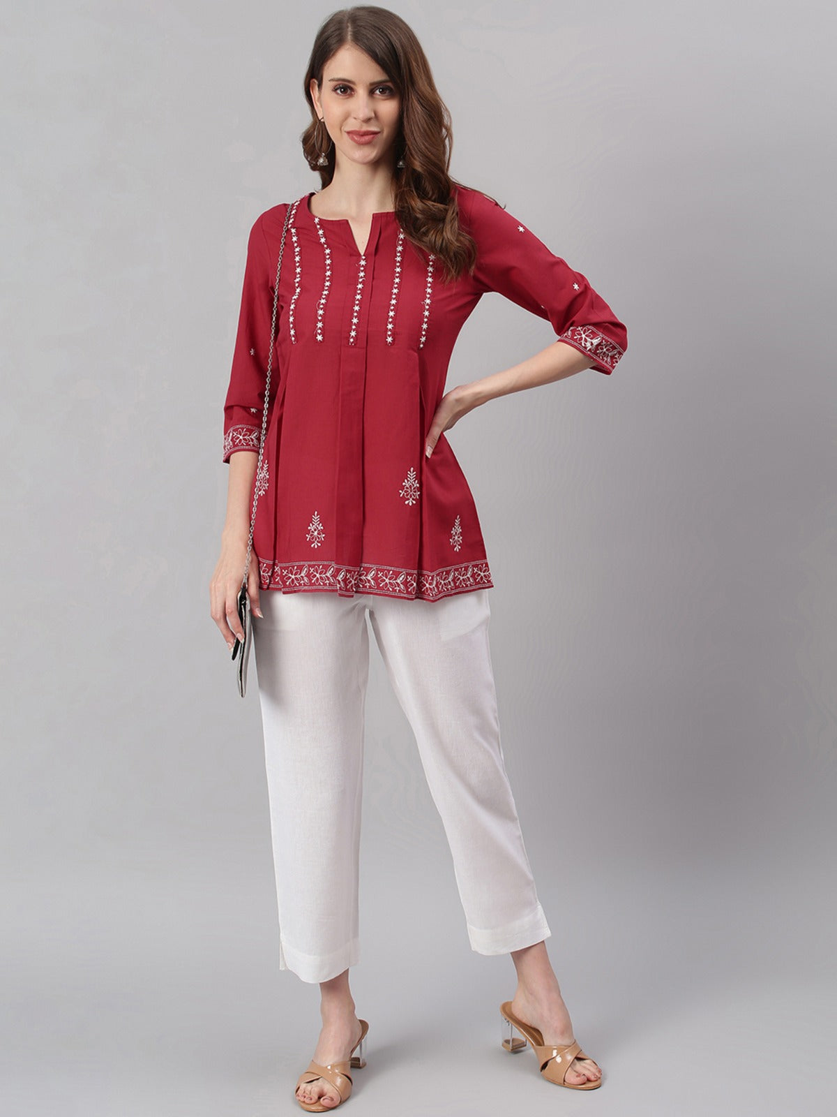 Women's Maroon Cotton Embroidered Trapeze Tunic