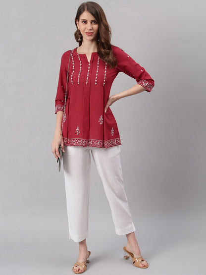 Women's Maroon Cotton Embroidered Trapeze Tunic