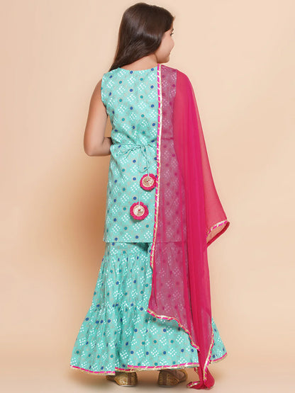 Girls Sea Green Gold Printed Kurta & Sharara With Dupatta