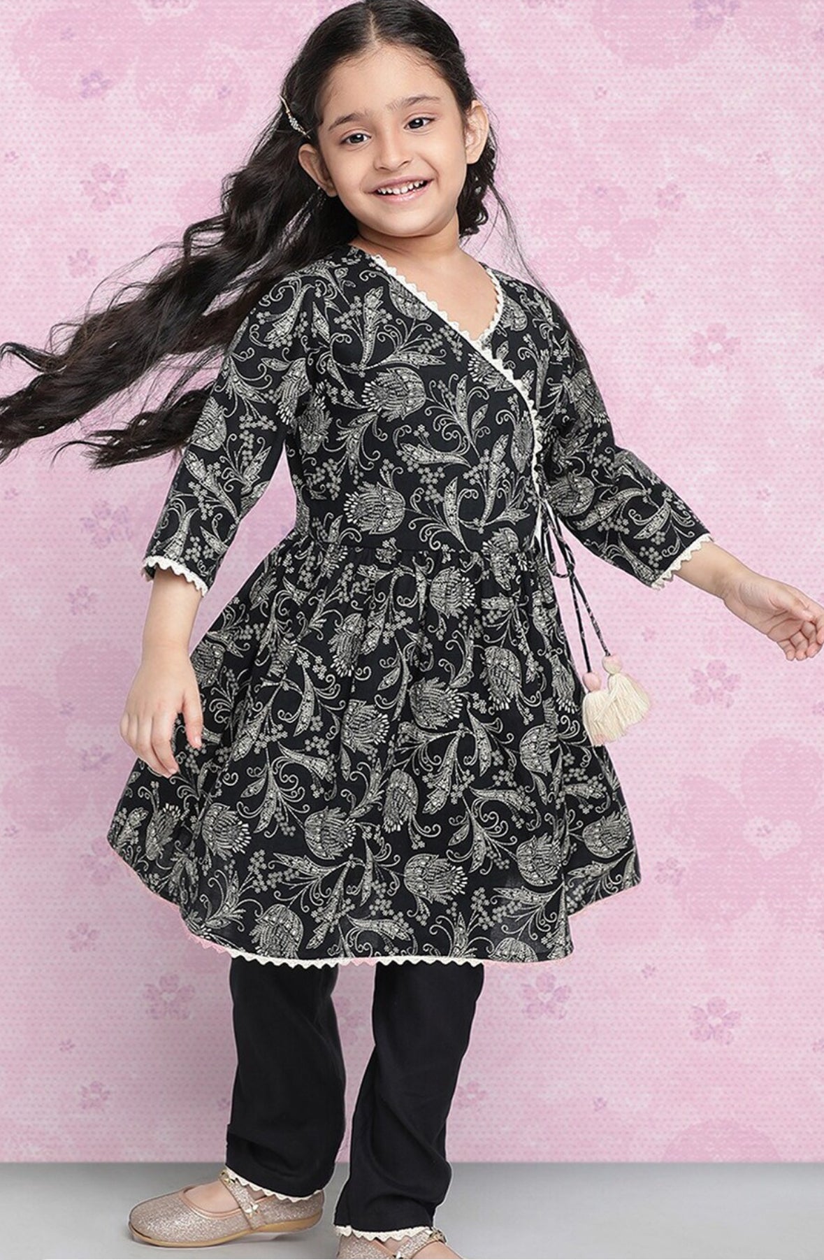 Girls Black Ethnic Motifs Printed Angrakha Gotta Patti Kurta With Trousers