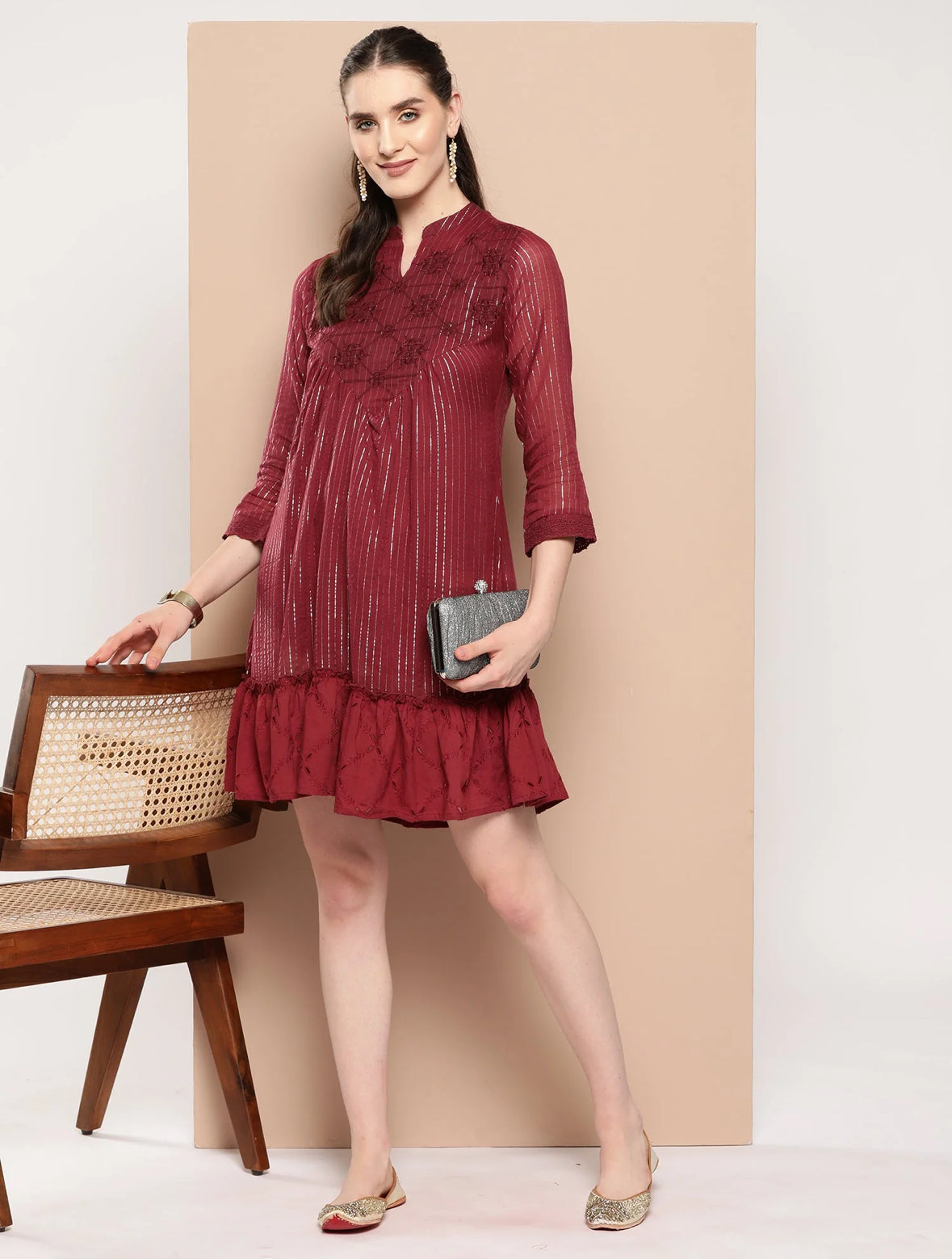 Maroon Embroidered A-line Dresses