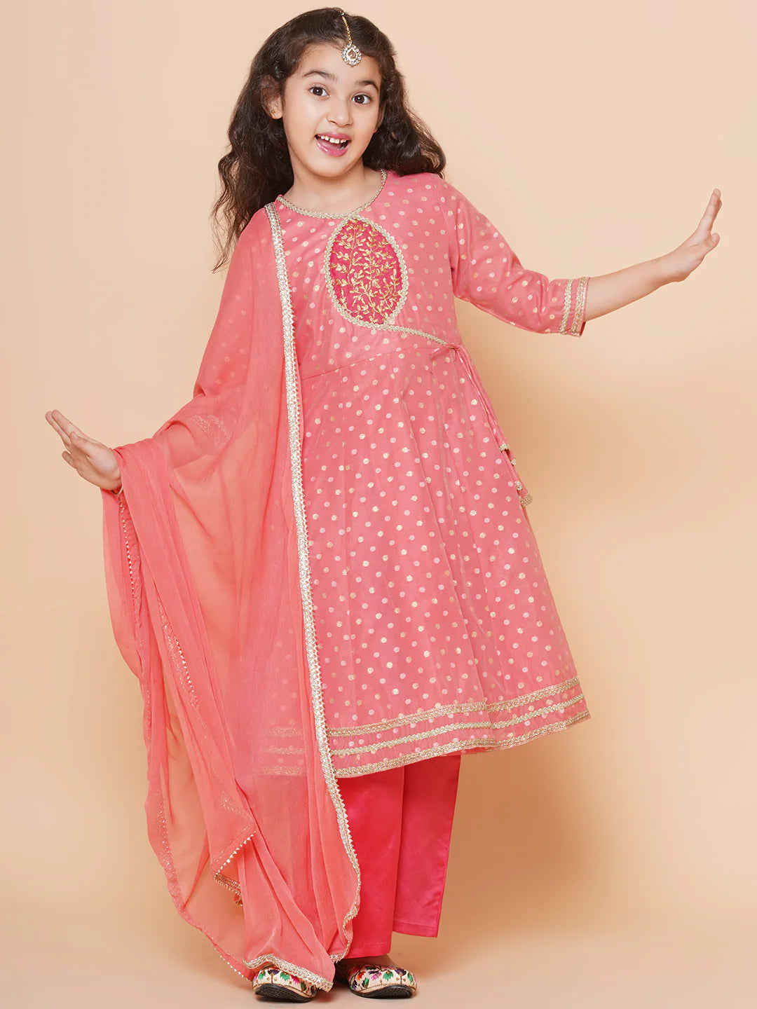 Girls Peach Self design Booti Angrakha Gotta Patti Kurta & with Trouser & Dupatta