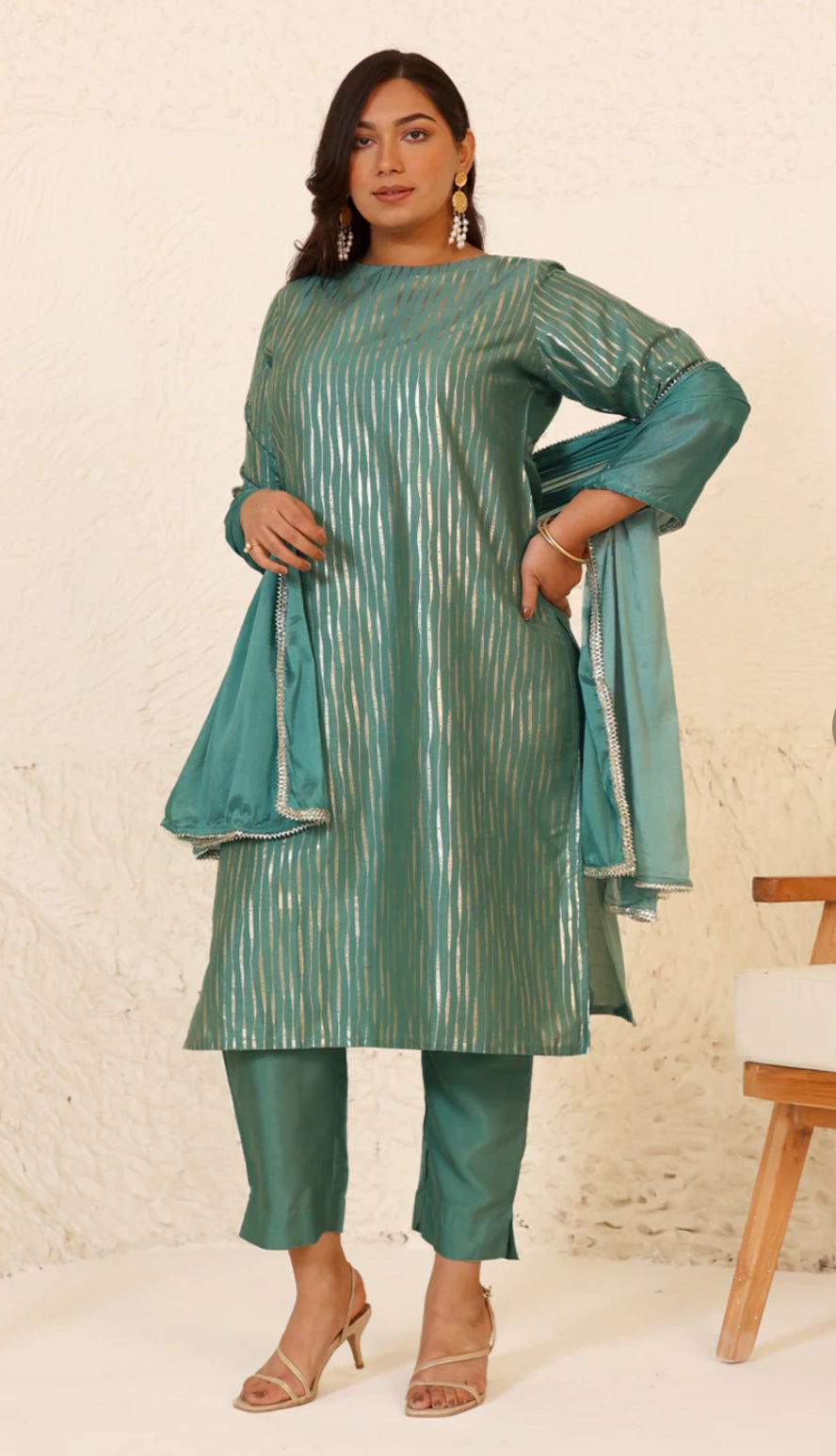 Plus Size Green Poly Silk Kurta With Pant and Dupatta