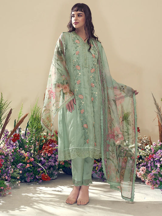 Sea Green Embroidered Straight Kurta Trousers With Dupatta Set