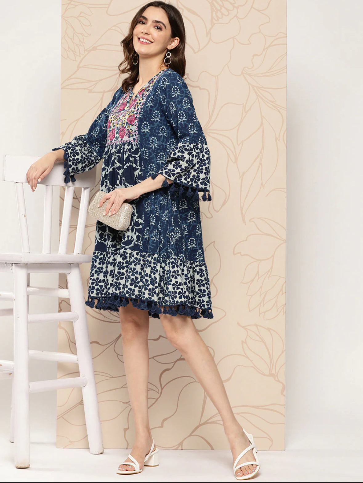 Blue Floral Embroidered Bell Sleeves With Pom-Pom Detail A-Line Dress