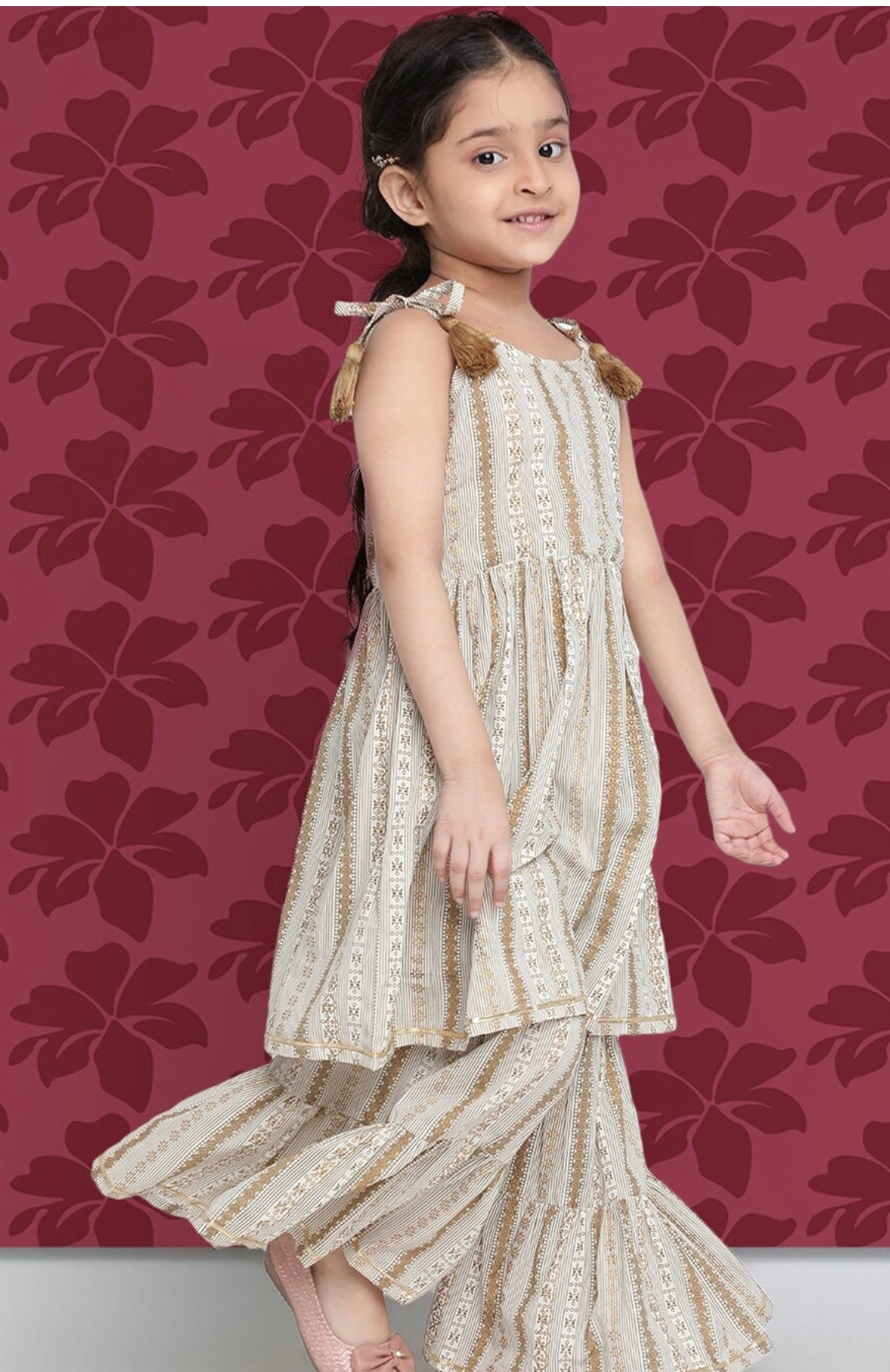 Girls Beige Striped Regular Kurta With Sharara