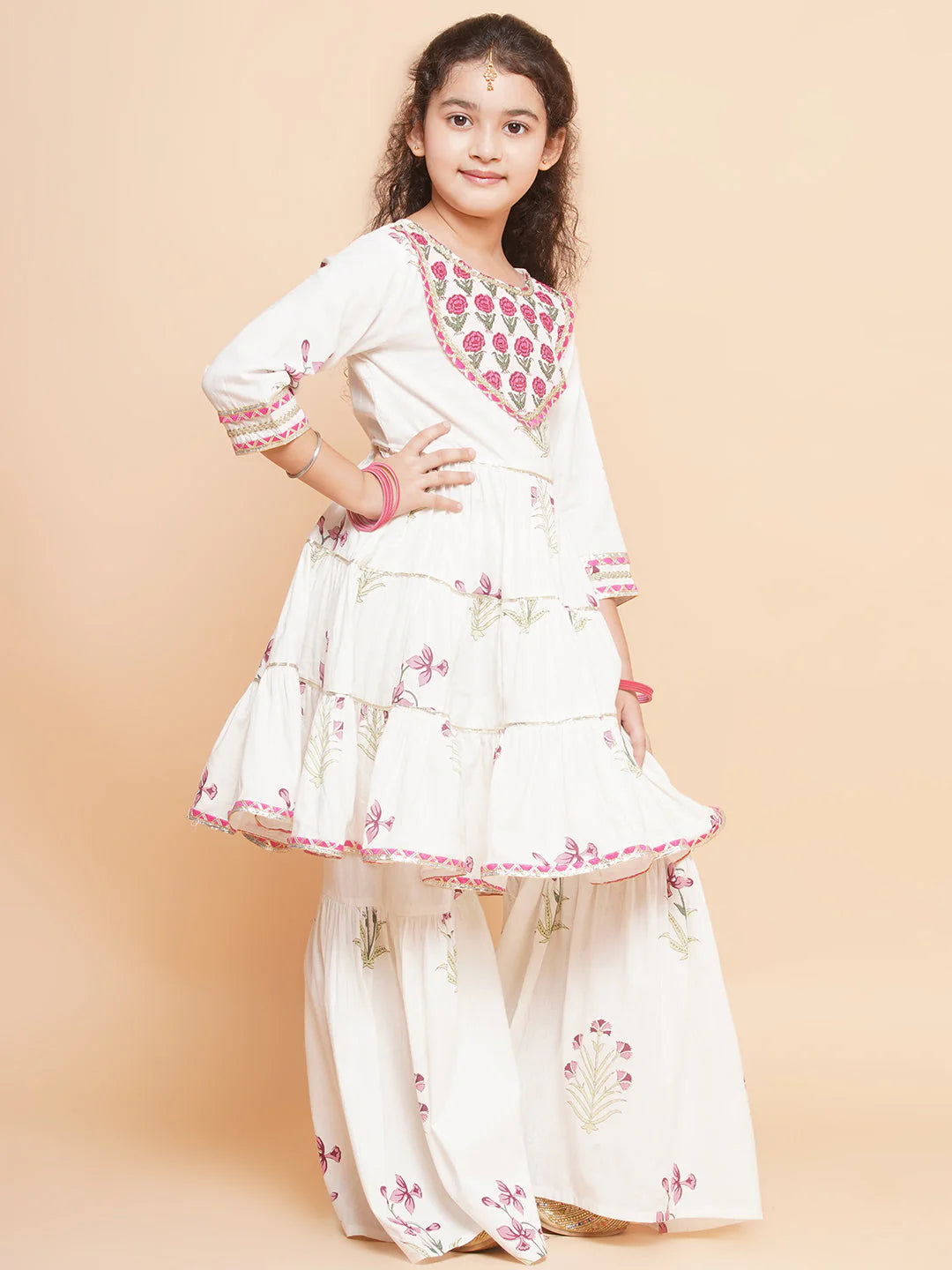 Girls Off-white Pink Printed Round- Neck Kurta with Sharara with Dupatta