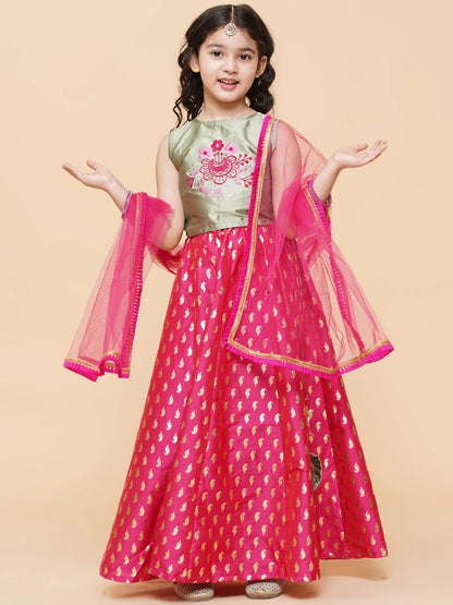 Girls Green & Pink Embroidered Foil Print Ready to Wear Lehenga Choli