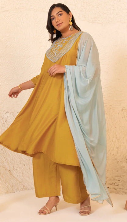 Mustard Chinnon Yoke Embroidery Panelled Kurta Set