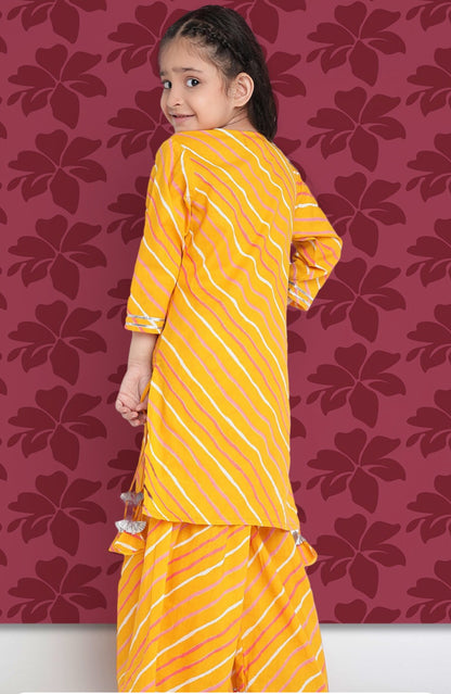 Girls Mustard Yellow Leheriya Printed Regular Gotta Patti Kurta With Sharara