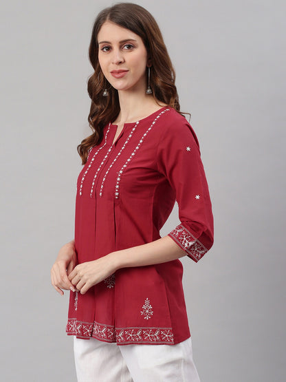 Women's Maroon Cotton Embroidered Trapeze Tunic