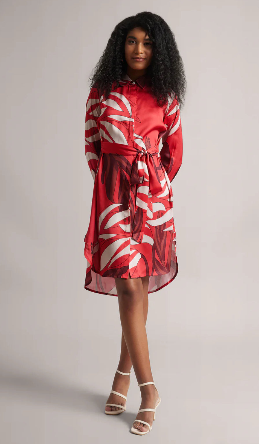 Red Satin Abstract Button Down Dress