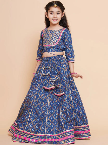 Girls Blue & Pink Printed Ready To Wear Lehenga & Blouse With Dupatta