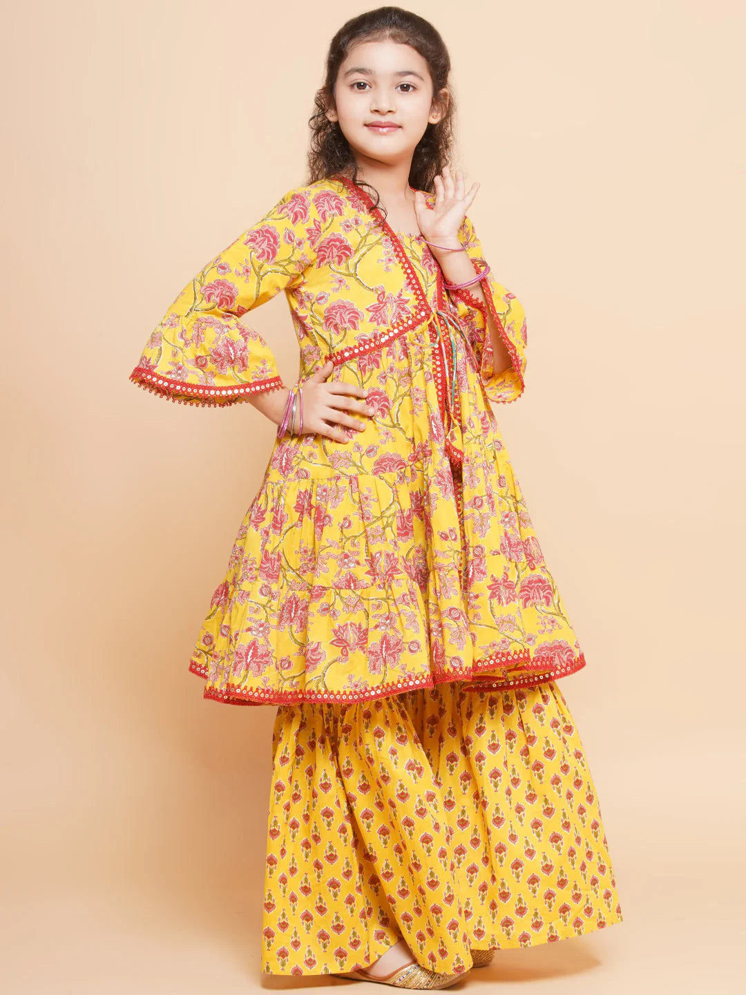 Girls Yellow Printed V- Neck Kurta with Sharara