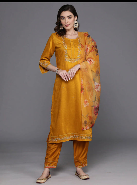 Mustard Embroidered Straight Kurta Trousers With Dupatta Set