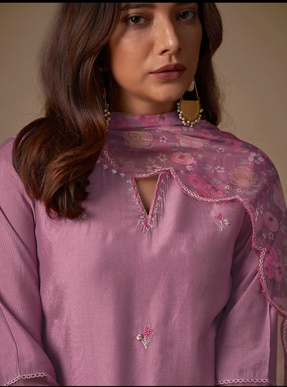 Lavender Embroidered Straight Kurta Trousers With Dupatta Set