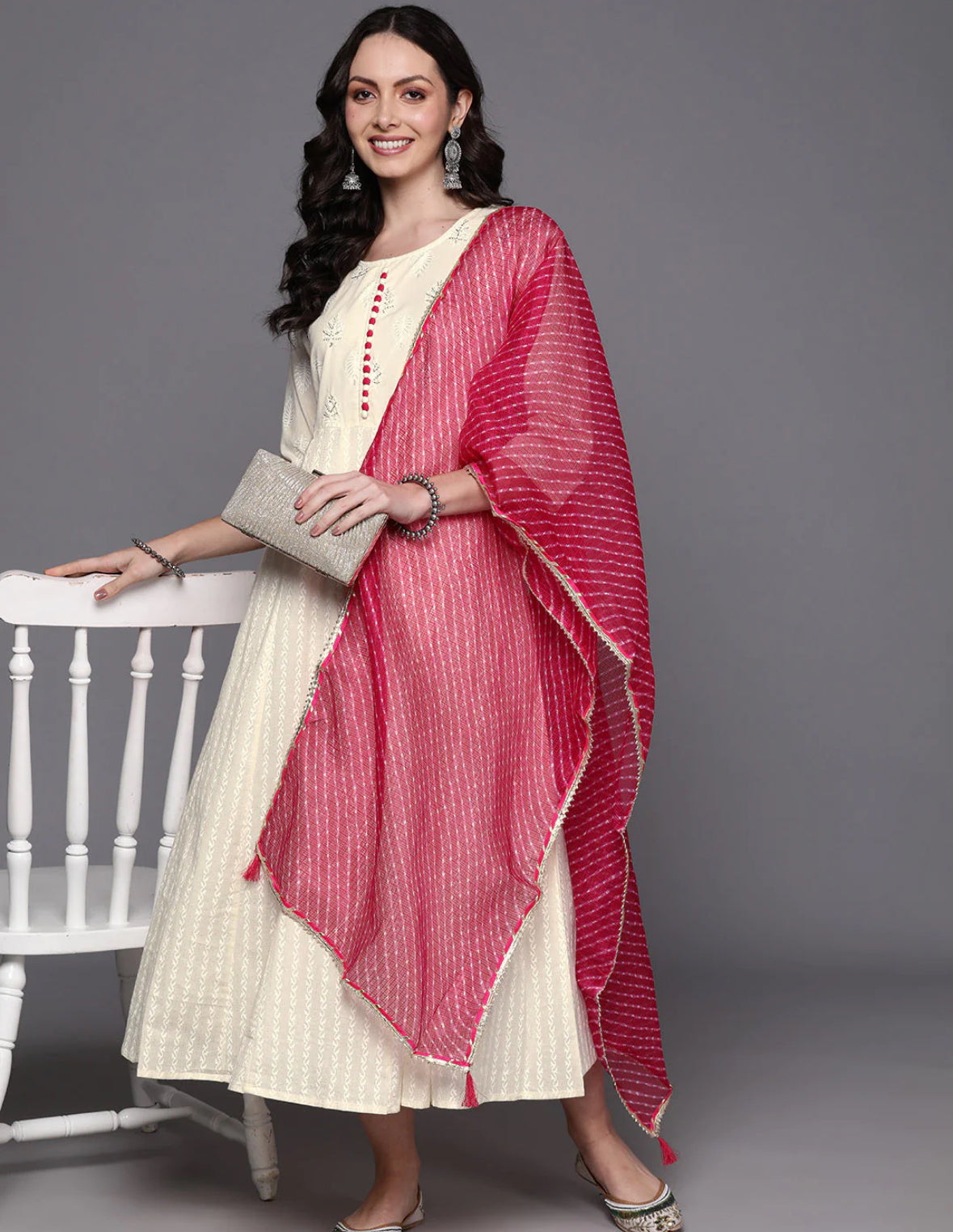 Off- White Floral Embroidered Anarkali Dress With Dupatta Set