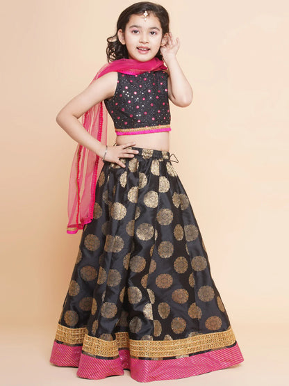 Girls Black & Gold-Toned Embroidered Ready To Wear Lehenga & Blouse With Dupatta