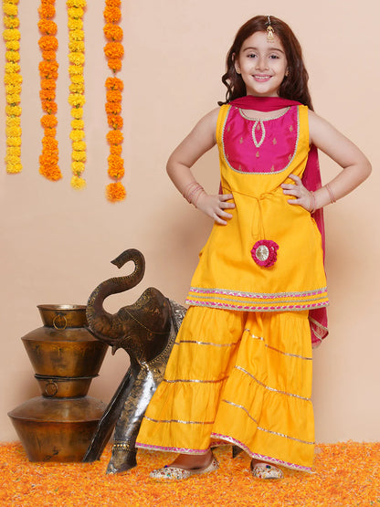 Girls Yellow Cotton Kurta with Sharara set with Dupatta