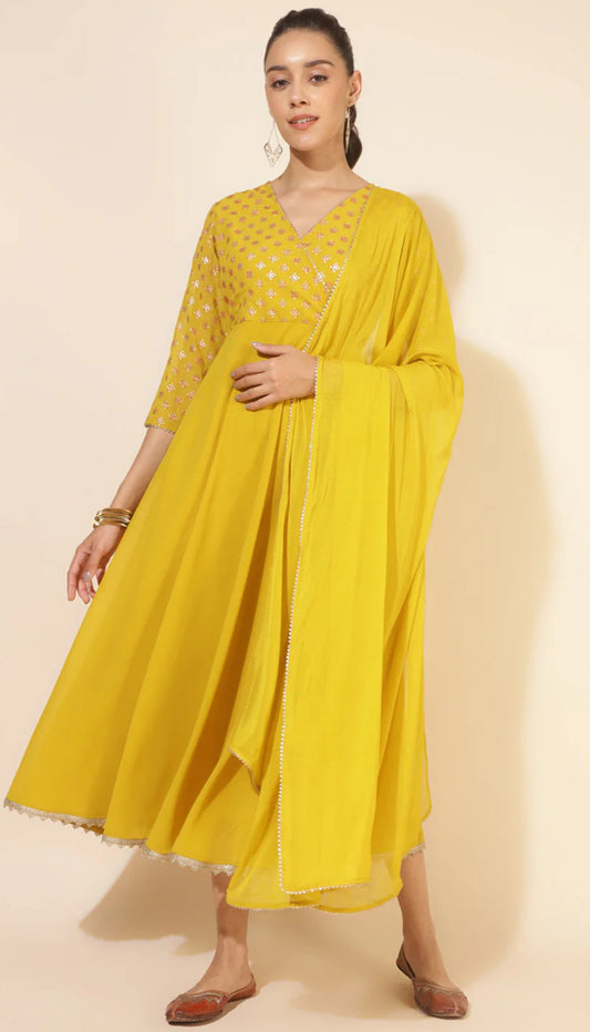 Yellow Georgette Foil Printed Kurta and Dupatta