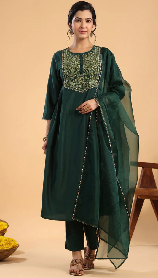 Dark Green Chinnon Yoke Embroidery Pleated Kurta Set