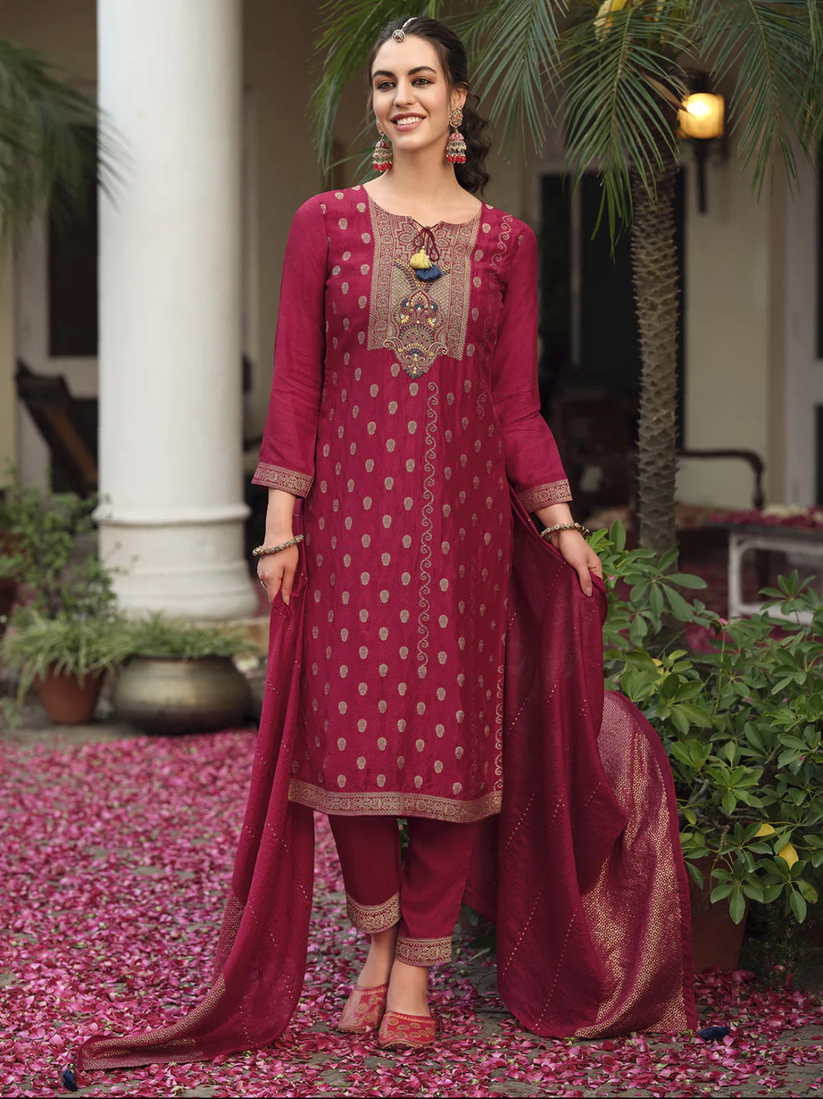 Burgundy Embroidered Straight Kurta Trousers With Dupatta Set