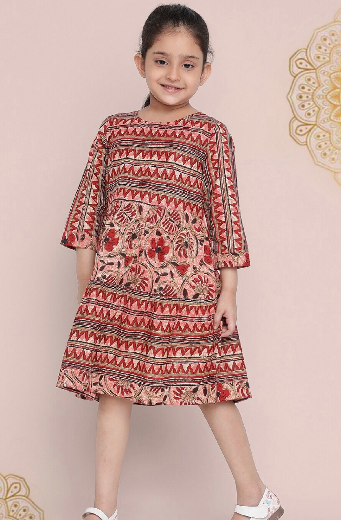 Girls Pink Ethnic Print Pure Cotton Fit & Flare Dress