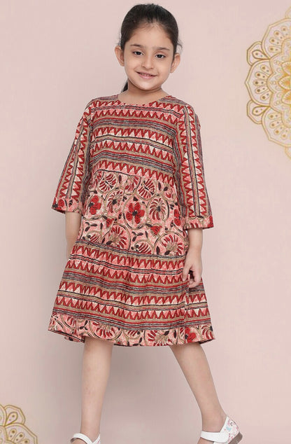 Girls Pink Ethnic Print Pure Cotton Fit & Flare Dress