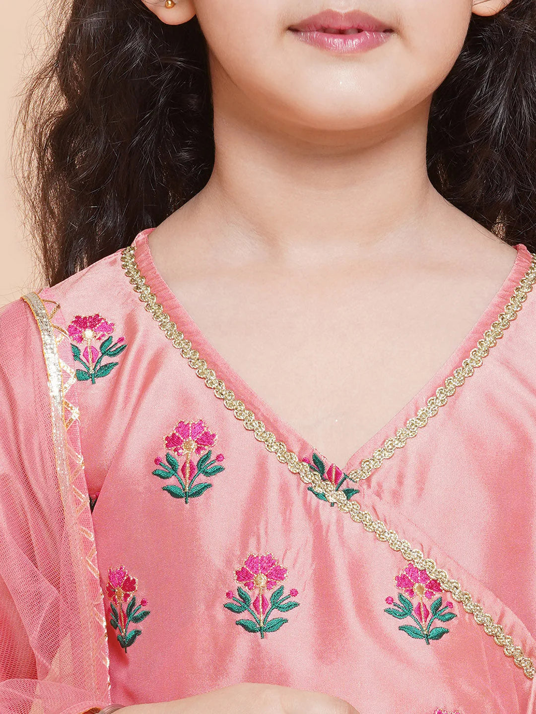 Girls Embroidered Angrakha Kurta with Trousers & Dupatta