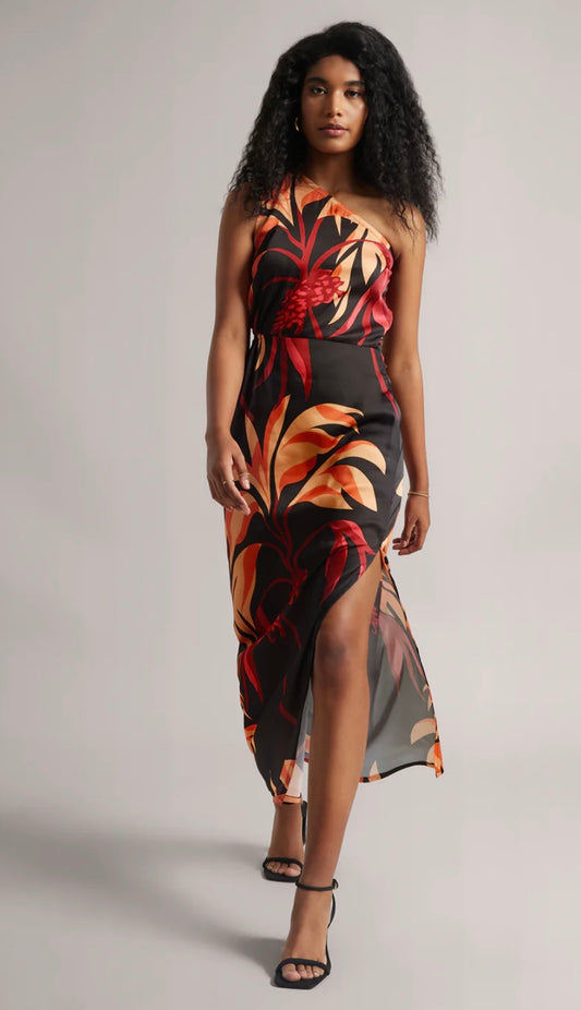 Black Satin Abstract Side Slit Maxi Dress