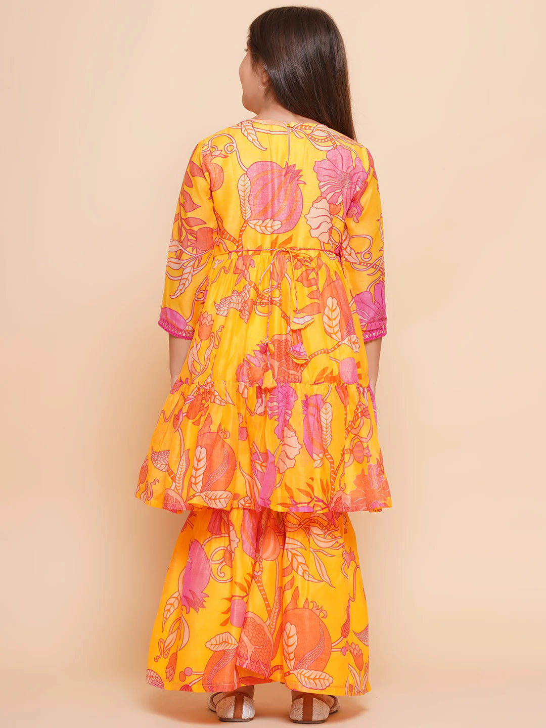 Girls Yellow Floral Printed Alia Design Kurta With Sharara