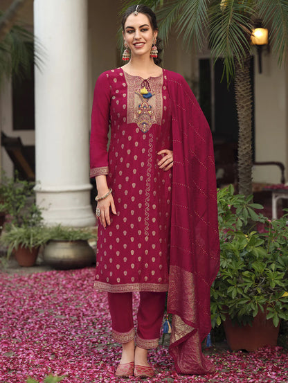 Burgundy Embroidered Straight Kurta Trousers With Dupatta Set