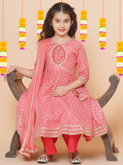 Girls Peach Self design Booti Angrakha Gotta Patti Kurta & with Trouser & Dupatta