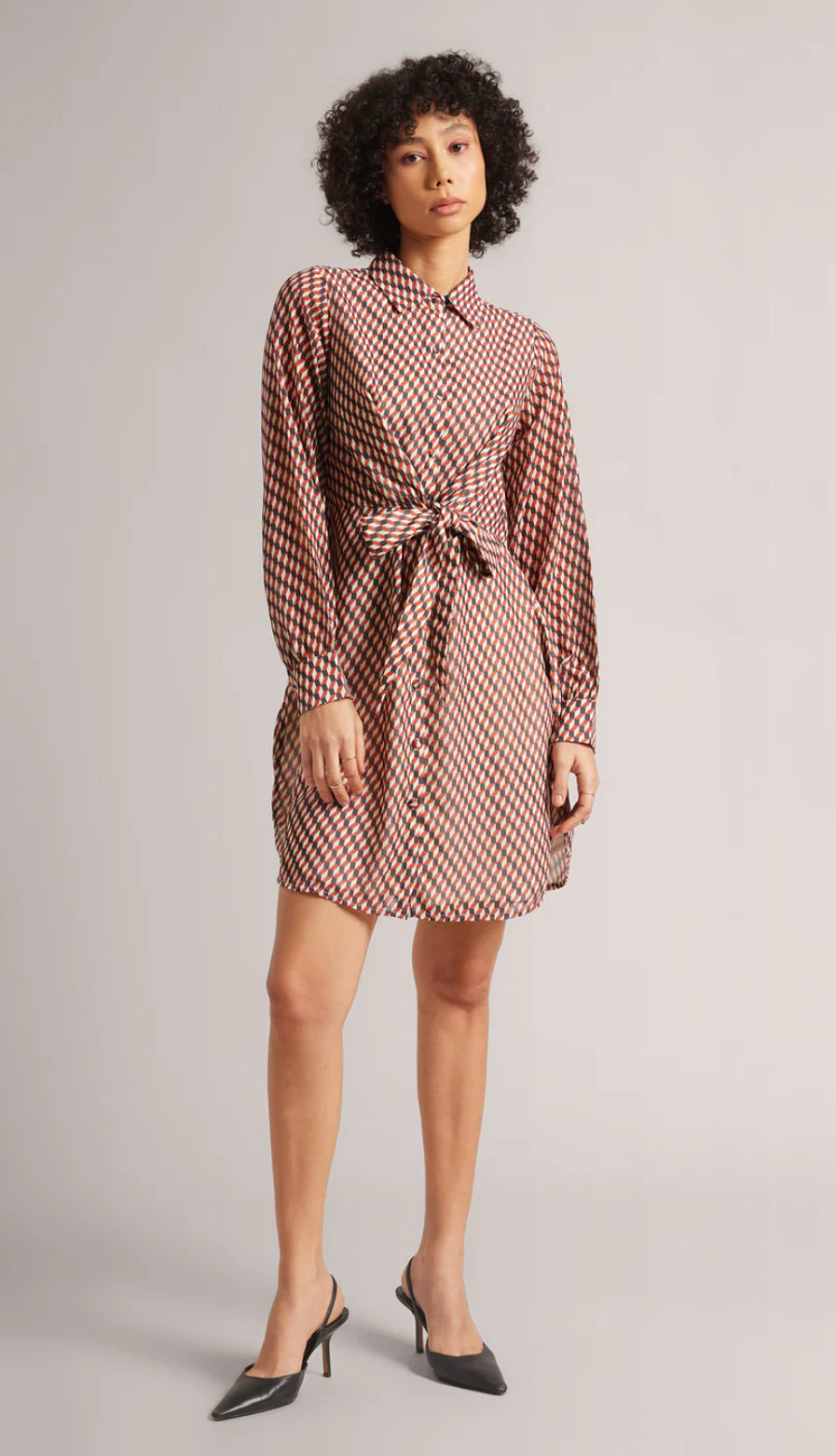 Brown Georgette Geometric Button Down Dress