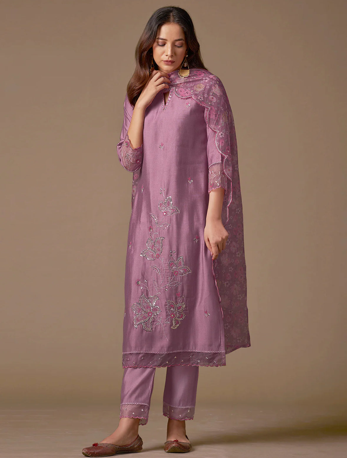 Lavender Embroidered Straight Kurta Trousers With Dupatta Set