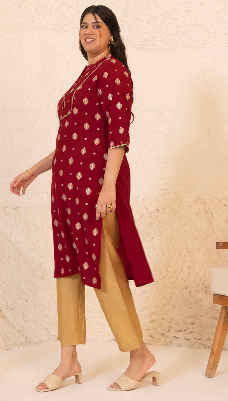 Plus Size Brick Red Crepe Foil Printed Straight kurta