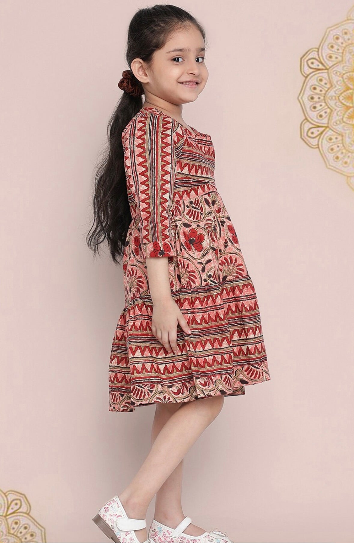 Girls Pink Ethnic Print Pure Cotton Fit & Flare Dress