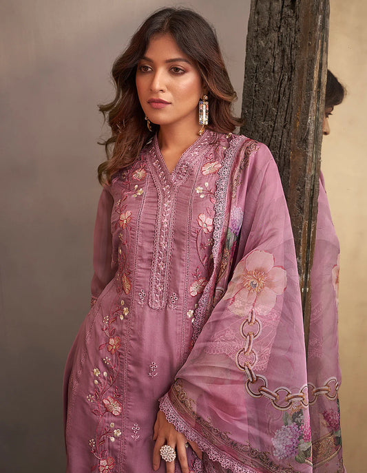 Pink Embroidered Straight Kurta Trousers With Dupatta Set