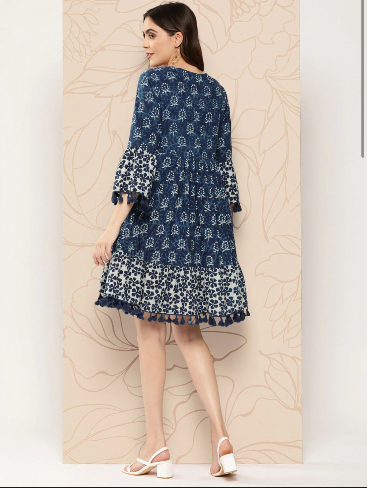 Blue Floral Embroidered Bell Sleeves With Pom-Pom Detail A-Line Dress