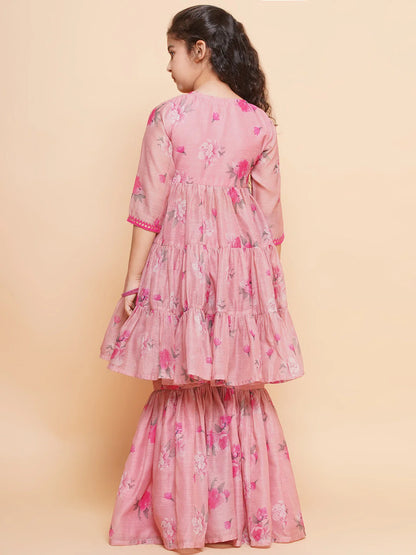 Girls Pink Printed Angrakha Kurta with Sharara