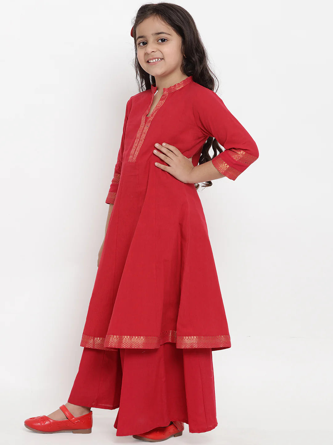 Girls Red Pure Cotton Kurti with Palazzos