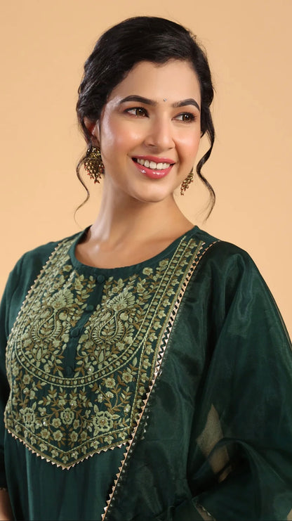 Dark Green Chinnon Yoke Embroidery Pleated Kurta Set