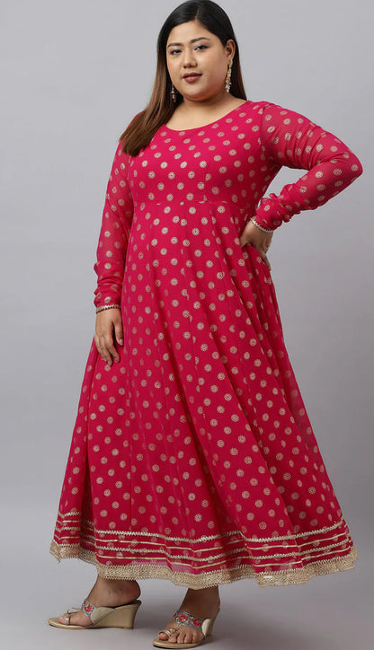 Bright Pink Georgette Foil Print Kurta with Dupatta