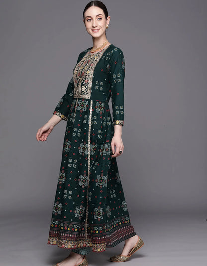 Era Green Printed Anarkali Kurta Trousers With Dupatta Set