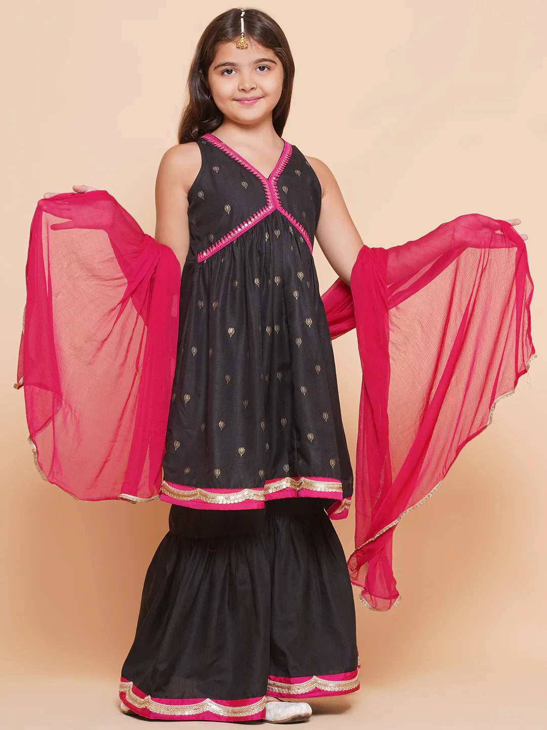 Girls Black Gold Ethnic motifs Printed Alia Design Kurta With Sharara & Dupatta